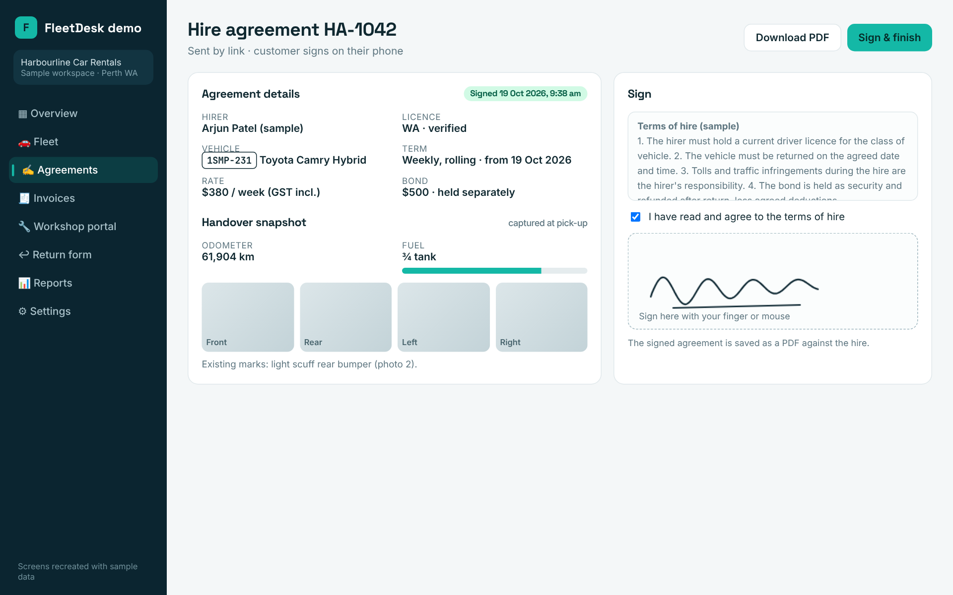 Recreated hire agreement with handover snapshot and signature pad, sample data
