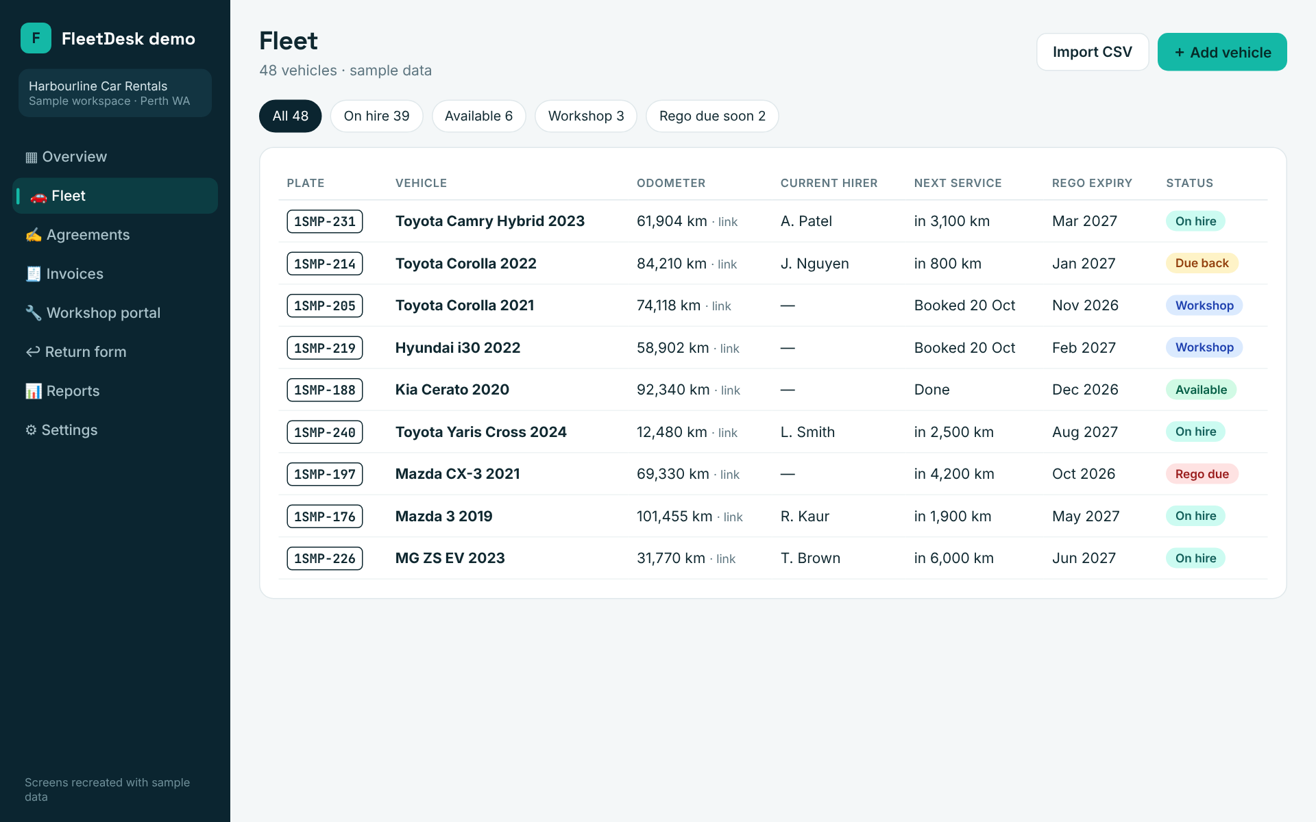 Recreated fleet list with sample plates, odometers and status tags