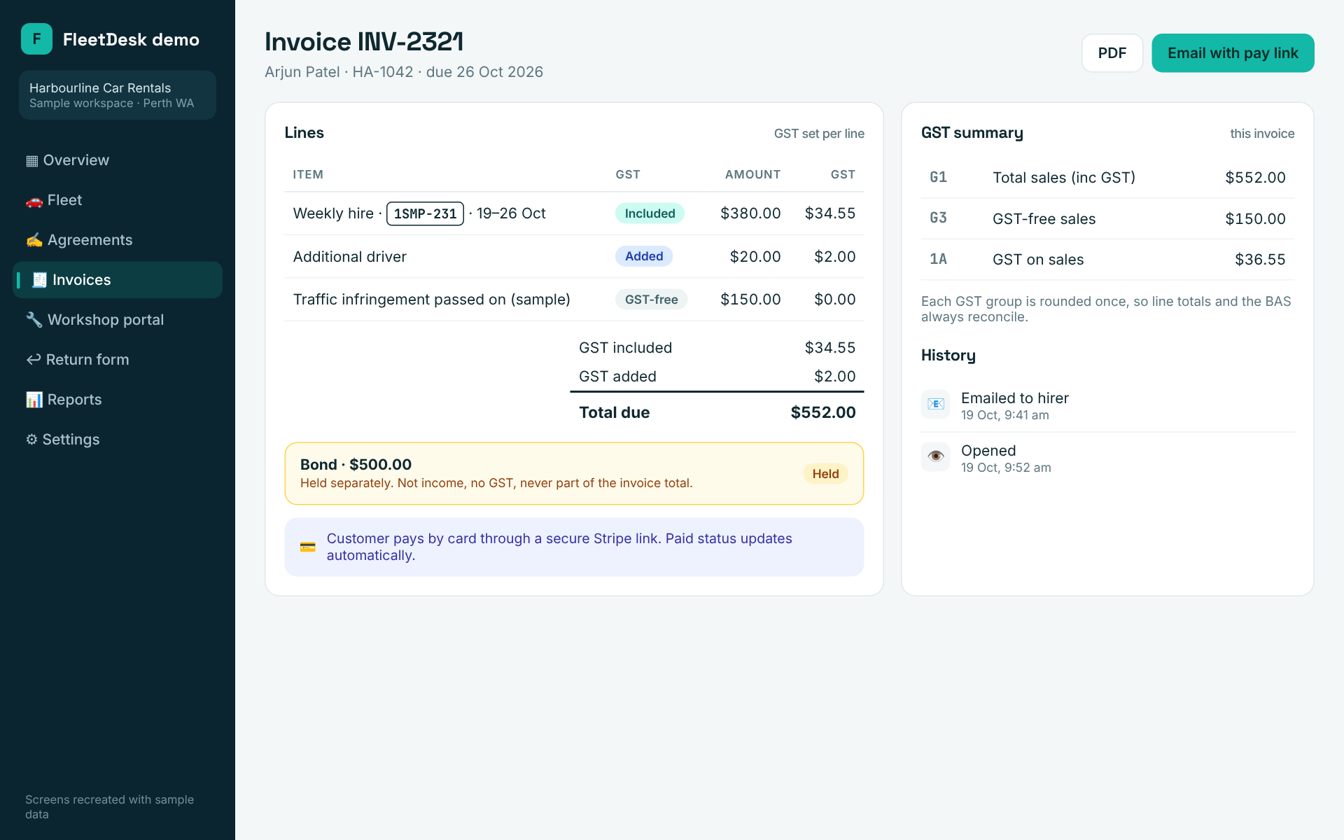 Recreated invoice with included, added and GST-free lines and a separate bond panel