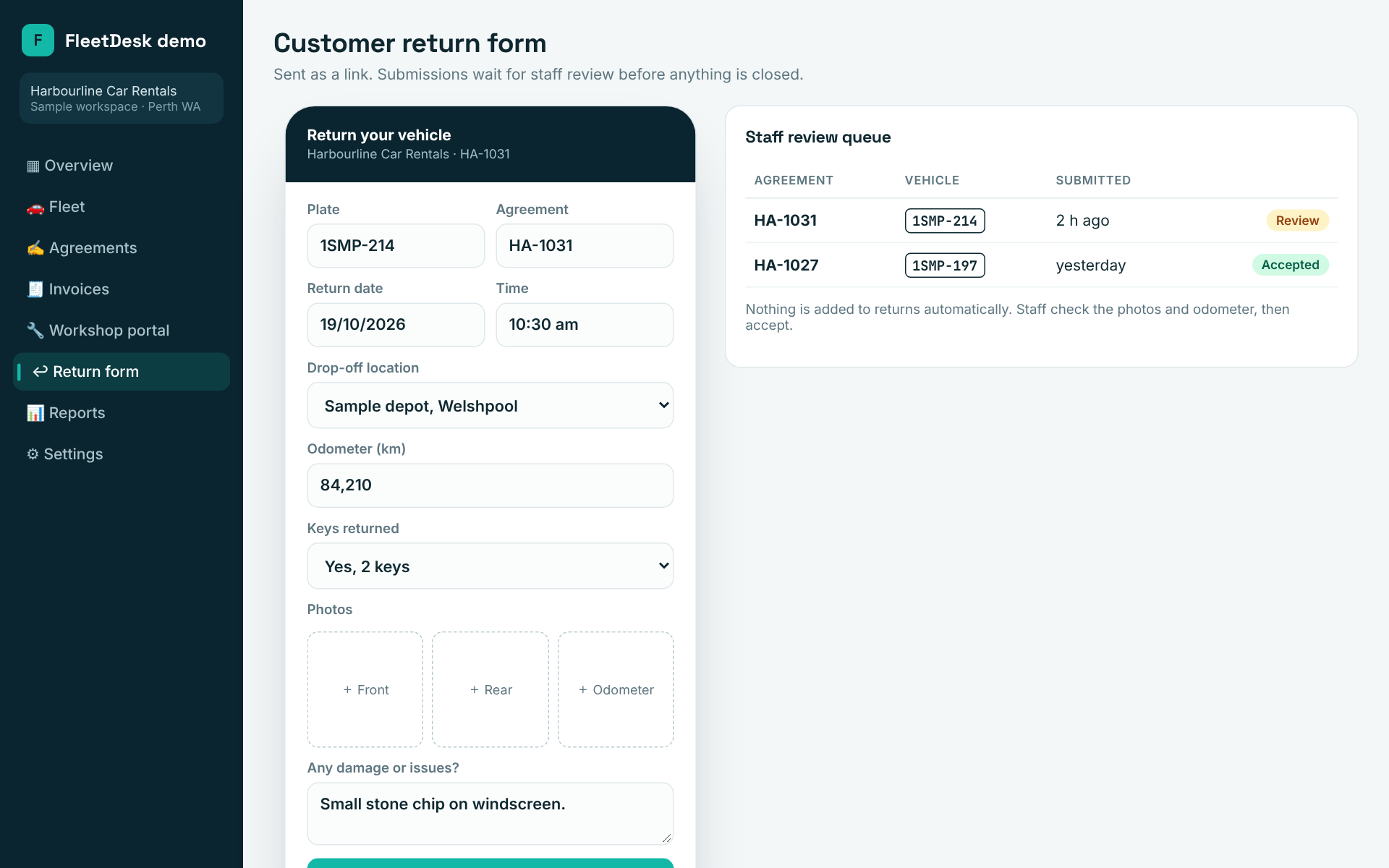 Recreated customer return form on a phone and a staff review queue