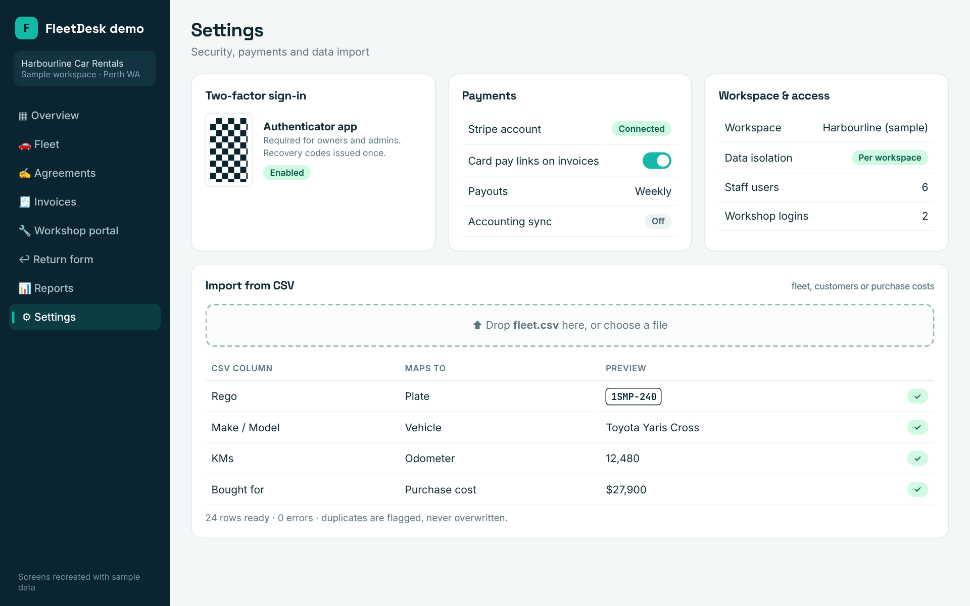 Recreated settings with two-factor sign-in, payment settings and a CSV import preview
