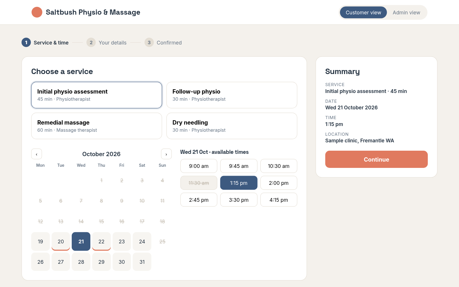 Screenshot of the online booking system demo build, sample data