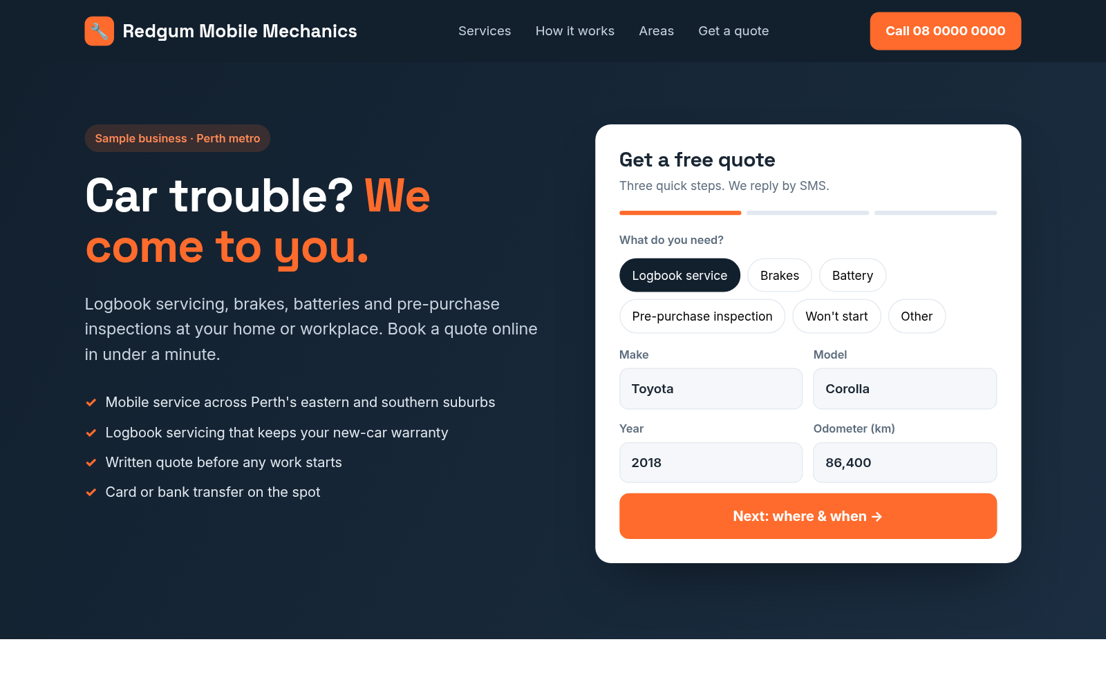 Screenshot of the trades website with quote form demo build, sample data